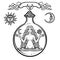 Set of alchemical symbols: young beautiful woman holds sun and moon in hand. Eve`s image, fertility, temptation.