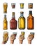 Set alcohol drinks with bottle, glass and hand holding beer, whiskey, tequila