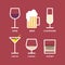 Set: alcohol drinks. Several kinds of glasses. Wine, beer, champagne, martini and cognac. Vector illustration, flat design