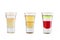 Set of alcohol shots on a white background. Three shots of interesting different