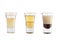 Set of alcohol shots on a white background. Three shots of a variety of alcoholic