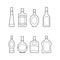 Set of alcoholic linear bottles illustration. Alcohol cocktails drinks icons. Bar menu flat vector logos