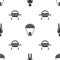Set Alien, Space capsule and parachute and UFO flying spaceship on seamless pattern. Vector