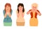 Set of amazed, surprised young women. Three women with open mouths and excited reactions. Flat vector cartoon