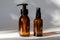 Set of amber glass bottles without labels on white background. Pump dispenser bottle with shampoo and spray perfume. Cosmetic