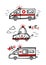 Set ambulance is in a hurry to help. Cute childrens illustration in Scandinavian style. Lettering siren sounds. Hand