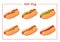 Set of American delicious hot dogs with different ingredients such as sausage, mustard, ketchup, lettuce, tomatoes, cucumbers and