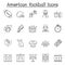 Set of American football Related Vector Line Icons. Contains such Icons as ball, whistle, player, shirt, trophy, helmet, touchdown