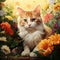 Set amidst flowers, a cute cat is featured in a photorealistic portrait in a natural setting by AI generated