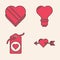 Set Amour with heart and arrow, Candy in heart shaped box, Heart shape in a light bulb and Heart tag icon. Vector.