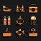 Set Anchor, Fish, Periscope, Jellyfish, Floating buoy, Aqualung, First aid kit and Cargo ship icon. Vector