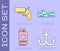 Set Anchor, Flare gun pistol, Passport with ticket and Wooden log icon. Vector