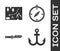 Set Anchor, Folded map with location, Camping knife and Compass icon. Vector