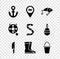 Set Anchor, Location fishing, Fishing lure, Knife, boots, bucket, Spinning reel for and Worm icon. Vector