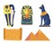 Set of Ancient Egypt Religious Symbols and Landmarks Mummy in Sarcophagus, Egyptian Pyramids, Pharaoh Mask, Cat, Papyrus