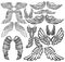 Set of angel wings. Wings collection with feathers. Black white vector illustration. Tattoo.