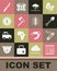 Set Animal cage, Swiss army knife, Shovel, African tree, Wooden axe, Compass, Hunting gun and Centipede insect icon