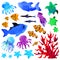 Set animal fish underwater watercolor painting illustration design hand drawing