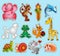 set of animal stickers with giraffe, elephant, parrot, monkey, frog, cat and mouse