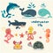 Set of animal under sea life flat cartoon vector
