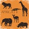 Set of animals Africa,elephant, lion, giraffe, roe deer, rhinoceros, grunge vector illustration