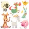 Set of animals and birds with a farm in a cartoon style. Vector illustration. ow, horse, chicken, bunny rabbit, pig, goatm sheep