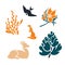 A set of animals, birds, trees. Forest collection.