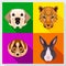 Set of animals with Flat Design. Symmetrical portraits of animals. Vector Illustration. Labrador dog, lemur, leopard, rabbit.