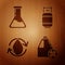 Set Antifreeze canister, Test tube and flask, Oil drop and Propane gas tank on wooden background. Vector