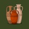 Set of antique amphora with two handles. Ancient clay vases jars, Old traditional vintage pot. Ceramic jug