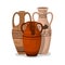 Set of antique amphora with two handles. Broken ancient clay vases jars, Old traditional vintage pot. Ceramic jug