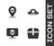 Set Antique treasure chest, Location pirate, Skull and Pirate hat icon. Vector