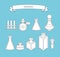 Set of apothecary and medical beakers, laboratory flasks