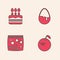 Set Apple, Cake with burning candles, Chocolate egg and Candy packaging for sweets icon. Vector