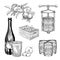 Set of apple cider. Harvest apple, wooden crate, press, barrel, glass and cider bottle