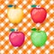 Set of apples of different colors. Vector illustration on checkered orange seamless pattern background.