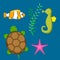 Set aquatic funny sea animals underwater creatures cartoon characters shell aquarium sealife illustration.