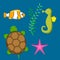 Set aquatic funny sea animals underwater creatures cartoon characters shell aquarium sealife vector illustration.