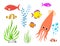 Set aquatic funny sea animals underwater creatures cartoon characters shell aquarium sealife vector illustration.