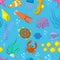 Set aquatic funny sea animals vector underwater creatures cartoon characters shell aquarium sealife seamless pattern