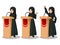 Set of Arab businesswoman in black dress giving a speech behind rostrum