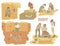 Set of archaeologists excavating historical artifacts vector illustration isolated.