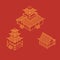 A set of architectural elements in Oriental style. Outline Isometric Pagoda house. Chinese and japanese landmark.
