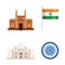 set of architecture with taj mahal and india emblem with flag