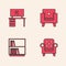 Set Armchair, TV table stand, and Library bookshelf icon. Vector
