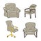 A set of armchairs, chairs in a different style. Classic, loft, work chair. Interiors, furniture, design. Isolated vector