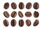 Set with aromatic roasted coffee beans on white background