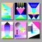 Set of artistic colorful cards. Memphis trendy style. Covers with flat geometric pattern.