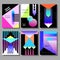 Set of artistic colorful cards. Memphis trendy style. Covers with flat geometric pattern.