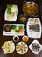 Set of Asia sea food with Coconut Escargot, barbecue razor clam, cheese grilled oyster, boiled vegetable eating with braided fish